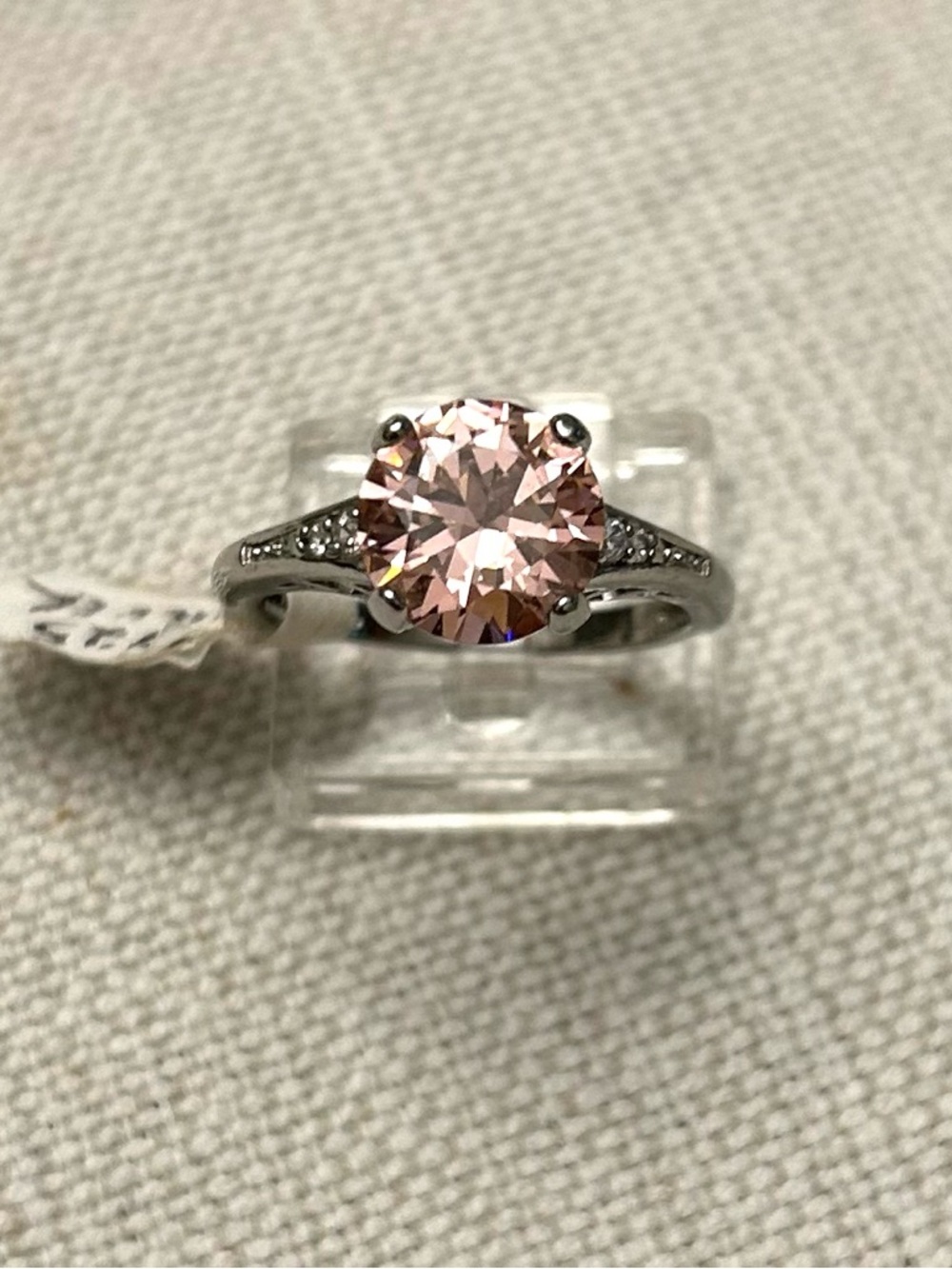 Pink Solitaire Round-Cut Ring with Pavé Accents Set in Sterling
